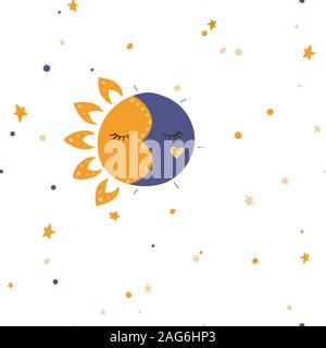 Sun, stars and moon. Vector illustration. Seamless pattern background. Stock Vector