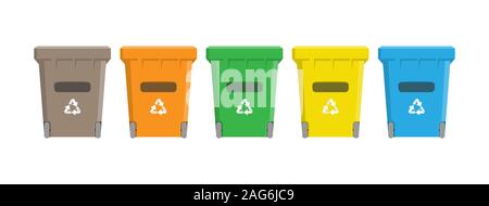 Set of colored tanks with wheels for separate waste collection. Each box is for different waste. Isolated on white background. Stock Vector