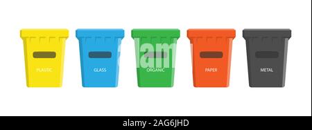 set of colored containers with the labels for the separate collection of waste. Each box is for different waste. Isolated on white background. Stock Vector