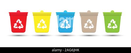 Set of colored tanks for separate waste collection. Each box is for different waste. Isolated on white background. Stock Vector