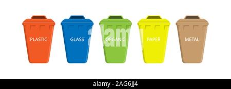 set of colored containers with the labels for the separate collection of waste. Each box is for different waste. Isolated on white background. Stock Vector