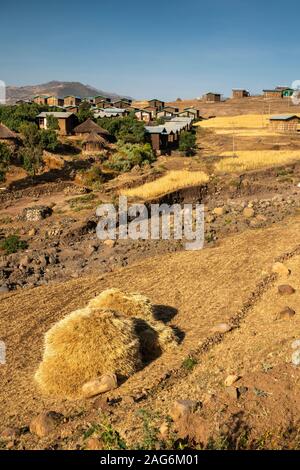 Ethiopia, Amhara, Kulmesk, newly built settlement in remote location, surrounded by marginal farmland Stock Photo