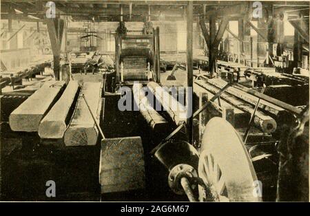 . Louisiana and Arkansas railway; its territory industries and financial condition ... LOG CARRIAGE IN OPERATION LOUISIANA AND ARKANSAS RAILWAY 35. INTERIOR VIEW OF SAWMILL AT STAMPS tion on a carriage where they are caught and held by a seriesof teeth. The carriage then travels back and forth beside