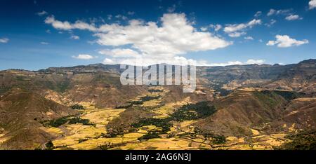 Ethiopia, Amhara, Lalibela, elevated panoramic view of farmland and mountains north-west from Ben Abeba restaurant