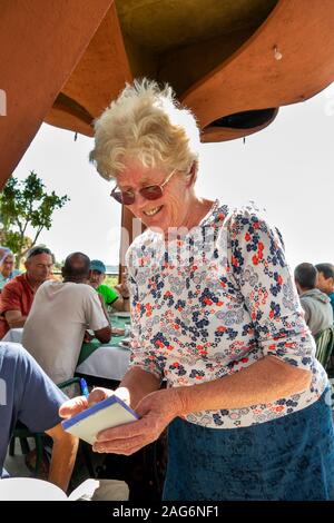 Ethiopia, Amhara, Lalibela, Ben Abeba restaurant, joint owner Susan Aitchison taking customer’s food order Stock Photo