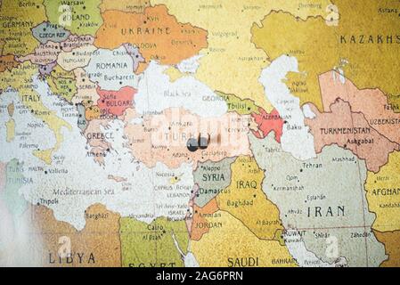 Closeup shot of a black pin on the turkey country on a map Stock Photo