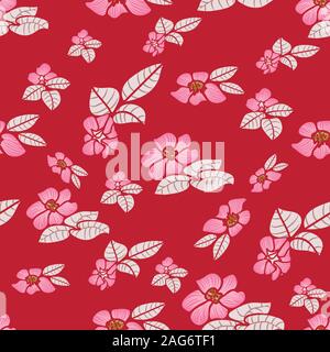 seamless vector pattern with pink rosa canina blooms on a red background Stock Vector