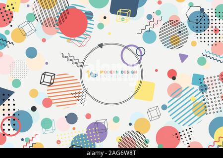 Abstract of modern memphis colorful minimal circle pattern design with copy space of text in center. Decorate for cover, artwork, ad, template design. Stock Vector