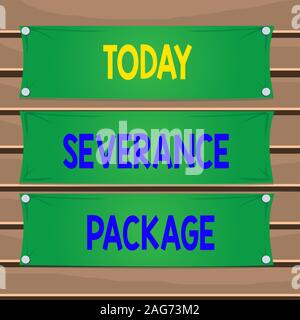 Conceptual hand writing showing Severance Package. Concept meaning pay and benefits employees receive when leaving employment Wooden panel attached na Stock Photo