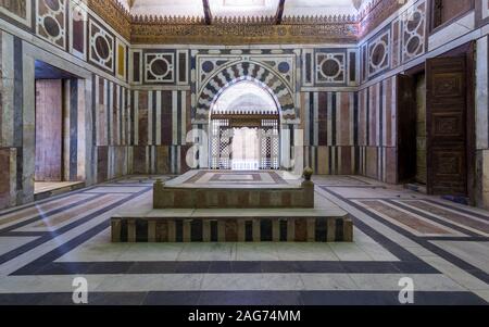 Cairo, Egypt- December 14 2019: Front view of Mausoleum of Sultan Al Zahir Barquq at the Barquq complex located at al Muiz Street, Islamic Cairo Stock Photo