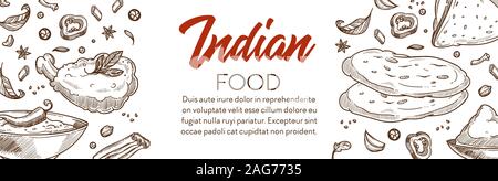 Indian food and cuisine various dishes graphic banner with text Stock Vector