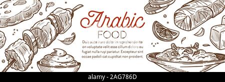 Arabic food and middle eastern cuisine dishes banner with text Stock Vector