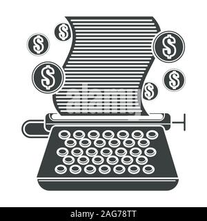 Typing machine with paper and dollar coins floating around Stock Vector