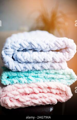 Plush and very soft coarse plaids. Blankets for beds, blankets for children and adults. Stock Photo
