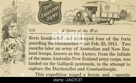 . A story of the war and family war service record, 1914-1919. A Story of the War fleets bombarded and destroyed four of the fortsguarding the Dardanelles strait Feb. 25, 1915. Twomonths later an army of Australian and New Zea-land troops, known as the Anzacs, from the initialsof the name Australia-New Zealand army corps, waslanded on the Gallipoli peninsula, in the attempt tocapture the Dardanelles and Constantinople. This expedition waged a heroic and desperatebattle against fortifications of prodigious strengthfor eight months, when it was withdrawn and thetroops transported to Saloniki, Gr Stock Photo