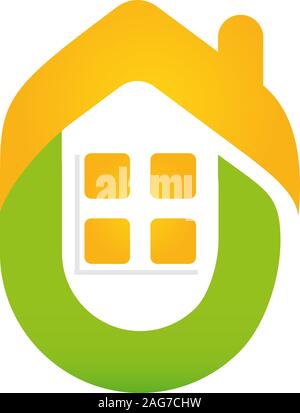 Icon with the image of an elegant and stylized houses. Isolated logo in yellow and green color. The modern design of the real estate agency's logo and Stock Vector