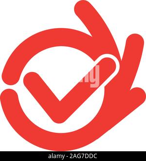 Vector isolated unusual logo. Good job. All perfectly. All OK. Well done. Fingers hands shows OK. Great. Its OK. Suit. Checked. Good. Symbol. Red Stock Vector