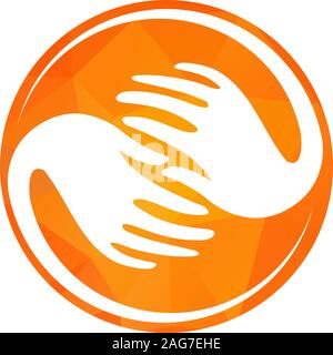 Isolated yellow round logo. White hands in a yellow circle. Global connection sign. Globalization icon. Helpful people. Charity symbol. Refugee camp Stock Vector