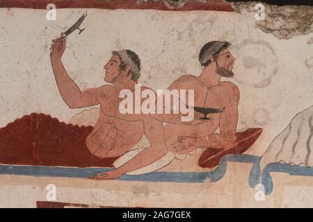 Capaccio Paestum, Italy - April 25, 2014: Detail of the cover slab of the Tuffatore's tomb Stock Photo