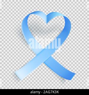 Blue ribbon over transparent background. Heart shaped form. Realistic medical symbol for prostate cancer awareness month in november. Vector illustrat Stock Vector