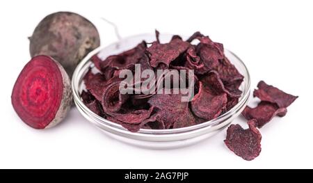 Portion of Beetroot Chips isolated on white background (selective focus) Stock Photo
