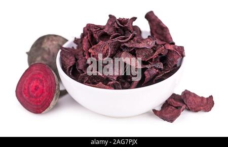 Portion of Beetroot Chips isolated on white background (selective focus) Stock Photo