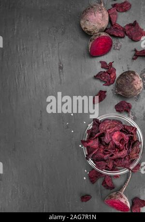 Portion of Beetroot Chips as detailed close-up shot; selective focus Stock Photo