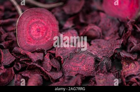 Fresh Beetroot Chips as detailed close-up shot (selective focus) Stock Photo