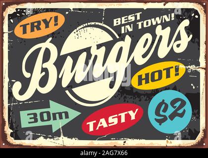 Hamburger retro labels set on old metal sign post. Burgers menu vintage poster design. Vector illustration for fast food restaurant. Stock Vector