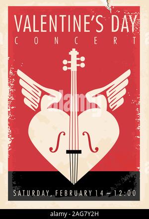 Valentines day music concert artistic poster design with violin, heart shape and Cupid wings. Vintage vector illustration. Stock Vector