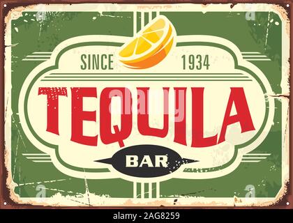 Tequila bar vintage tin sign for Mexican traditional alcohol drink. Promotional advertising with unique typography shape and slice of lemon. Stock Vector