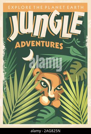 Jungle adventures retro poster design with wild animal and jungle trees. Stock Vector