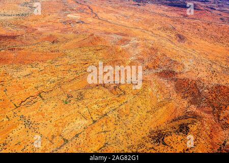 A high up aerial view of Kings Canyon and the surrounding George Gill Ranges in the remote Northern Territory within central Australia. Stock Photo