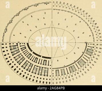 . An encyclopaedia of architecture, historical, theoretical, & practical. New ed., rev., portions rewritten, and with additions by Wyatt Papworth. lower diameter 2 91 ft. Theiriiminution is very small. The height of the entablature is 664 ft., and the height,hercfore, of the whole order above the pavement is 34 27 fl. The second order isIonic, and stands on a dado 6 ft. high, broken under the columns to receive theirirojection from the wall. The columns are 2.573 ft. high. The volutes of the capitalsire without ornament; the eye being merely marked by a circle. The entablature is)-64 ft. high, Stock Photo