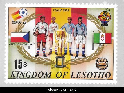 Postcard philately Kingdom of Lesotho stamp celebrating World Cup final 1934 Italy v Czechoslovakia, produced for Spain 1982 tournament Italy 15s stamp