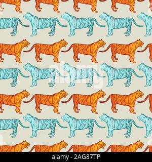 Wild tigers tribal style seamless pattern. Circus or zoo blue and orange wild cats. Exotic safari animals, jungle fauna tileable texture. Creative childish wallpaper, wrapping paper or textile design Stock Vector