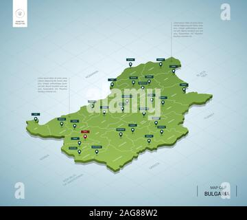 Stylized map of Bulgaria. Isometric 3D green map with cities, borders, capital Sofia, regions. Vector illustration. Editable layers clearly labeled. E Stock Vector