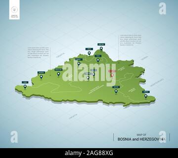 Stylized map of Bosnia and Herzegovina. Isometric 3D green map with cities, borders, capital Sarajevo, regions. Vector illustration. Editable layers c Stock Vector