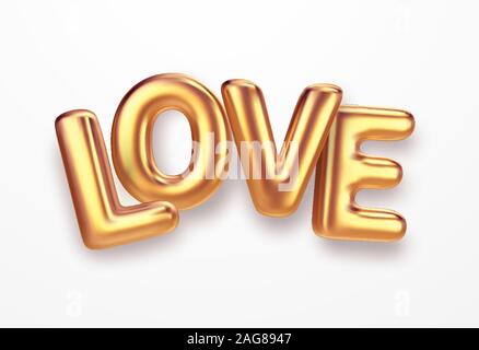Realistic gold metallic lettering Love isolated on white background. Vector illustration Stock Vector