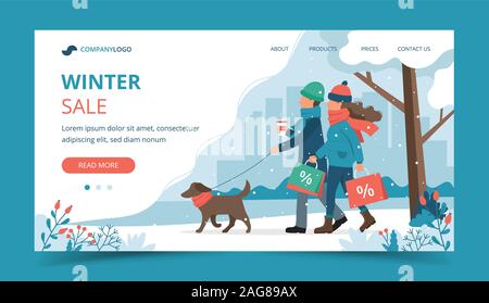 Woman With Sales Bags In Winter. Landing Page Template. Cute Vector 