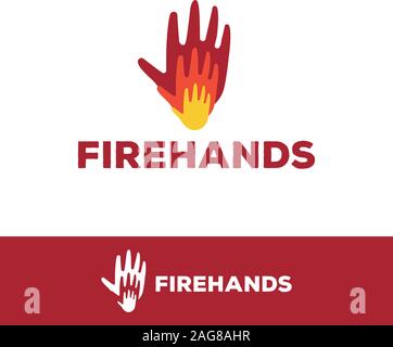 Isolated red and yellow hands on fire logo. Fire symbol. Firefighters logotype. Risk of burns illustration. Olympic games emblem. Energy sign Stock Vector