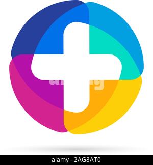 Colorful vector cross logo. Round medical icon. Religious sign. Doctor's office emblem. Ambulance label. First aid symbol. Plus button. Stock Vector