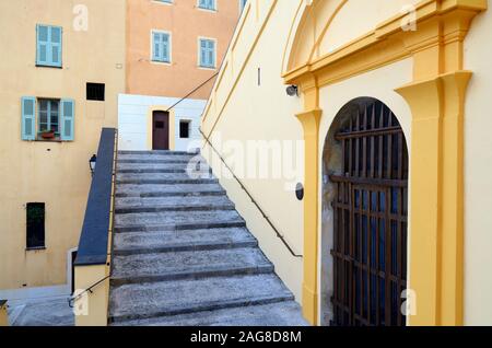 Saint Michel Steps & Colourful Traditional Architecture in the Old Town or Historic District Menton Alpes-Martimes France Stock Photo