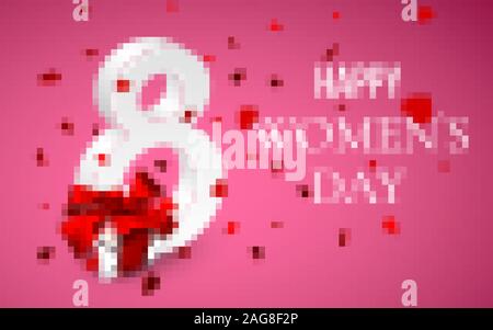 8 march Happy Womens Day. Gift box with red bow and flying hearts on pink background. Vector illustration. Stock Vector