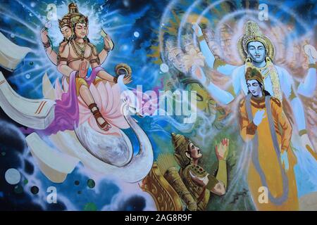 Hinud Art From Ramayana including Lord Brahma riding his vehicle (vahana) a white Swan (Hamsa) Stock Photo
