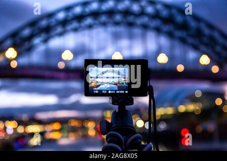 Tyne Bridge, Newcastle at dawn captured on the back screen of a camera on tripod Stock Photo