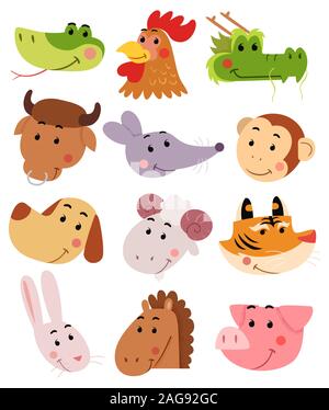 Illustration of the 12 Chinese Zodiac Animal Signs from Snake to Pig Stock Photo