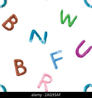 Seamless pattern with alphabet. Handmade modeling clay letters. Realistic 3d vector lettering background. Stock Vector
