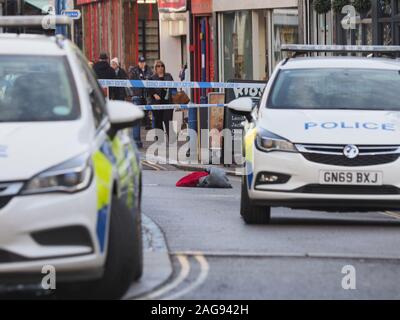 Sheerness, Kent, UK. 18th Dec, 2019. A serious incident has occurred in  Sheerness high street in Kent this morning, with the air ambulance in attendance. Update: local reports suggest a teenager on a bike was attacked by an adult in the high street. The boy has been taken to a London hospital by air ambulance. Credit: James Bell/Alamy Live News