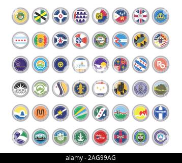 Set of vector icons. Flags of the USA cities. 3D illustration. Stock Vector